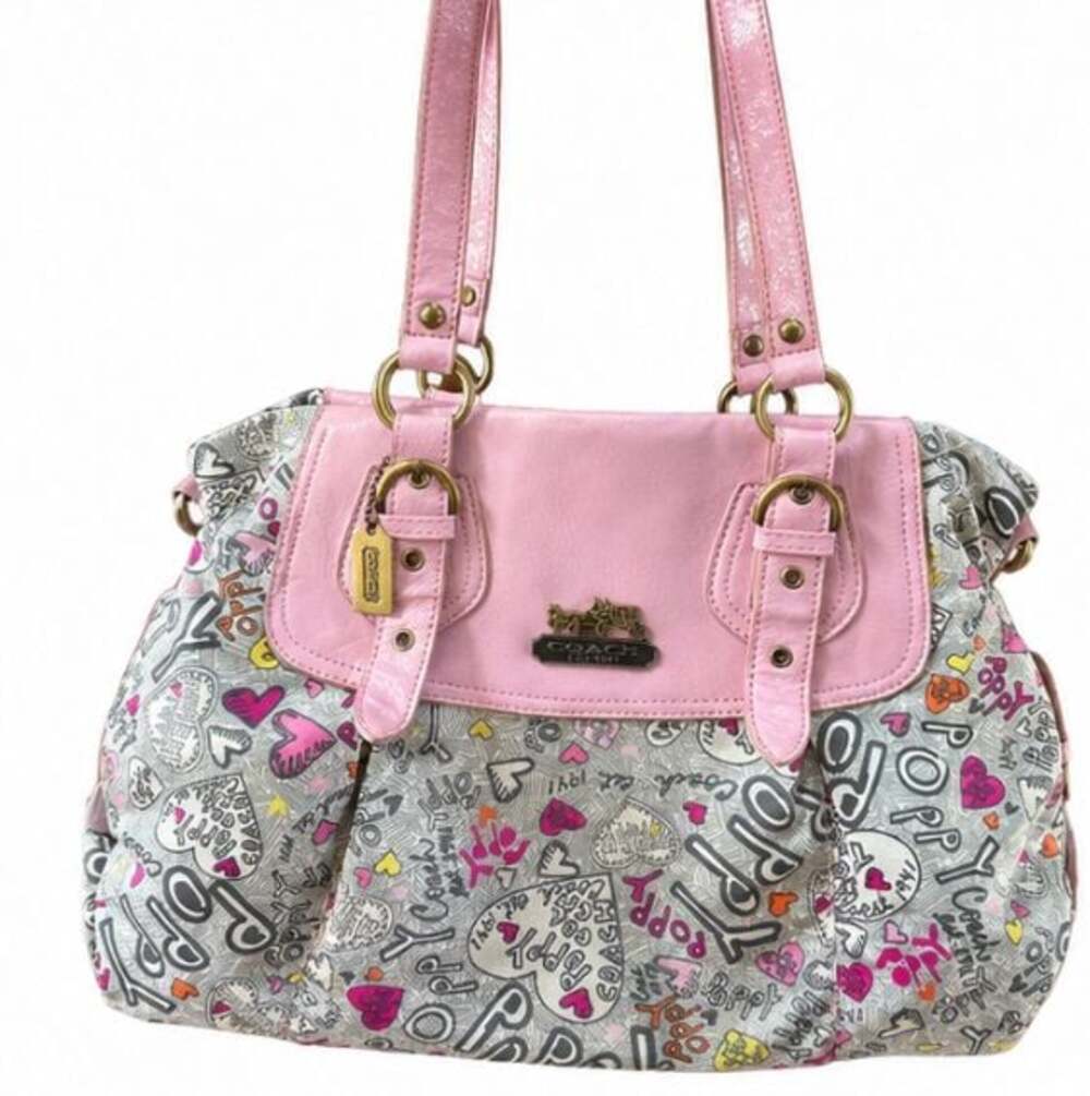Coach Poppy Graffiti Heart Flap Satchel Handbag Pink Grey